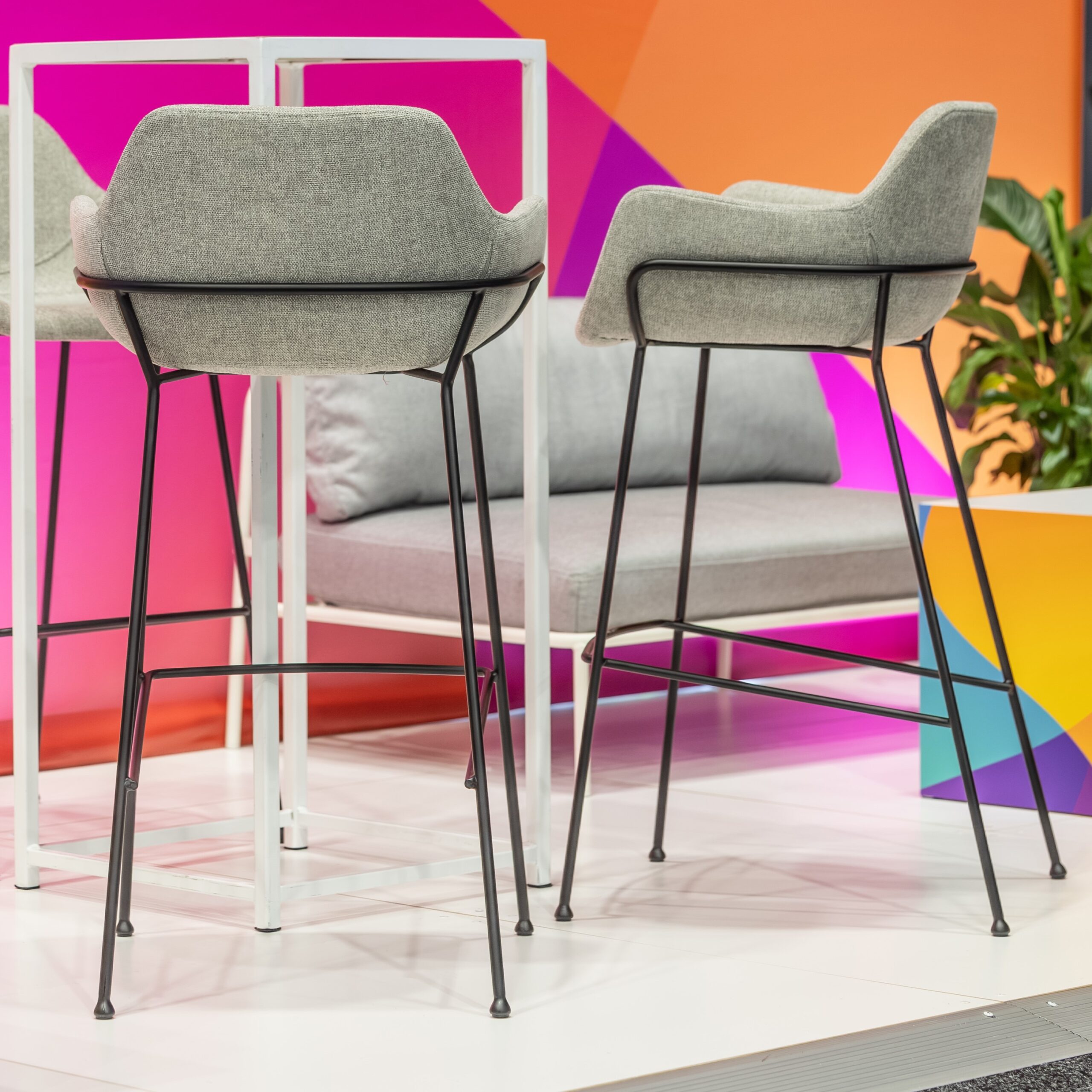 Exhibition Furniture For Hire QLD, NSW, VIC. EXPO Furniture Hire. Moreton Hire Grey Stools and custom chairs.