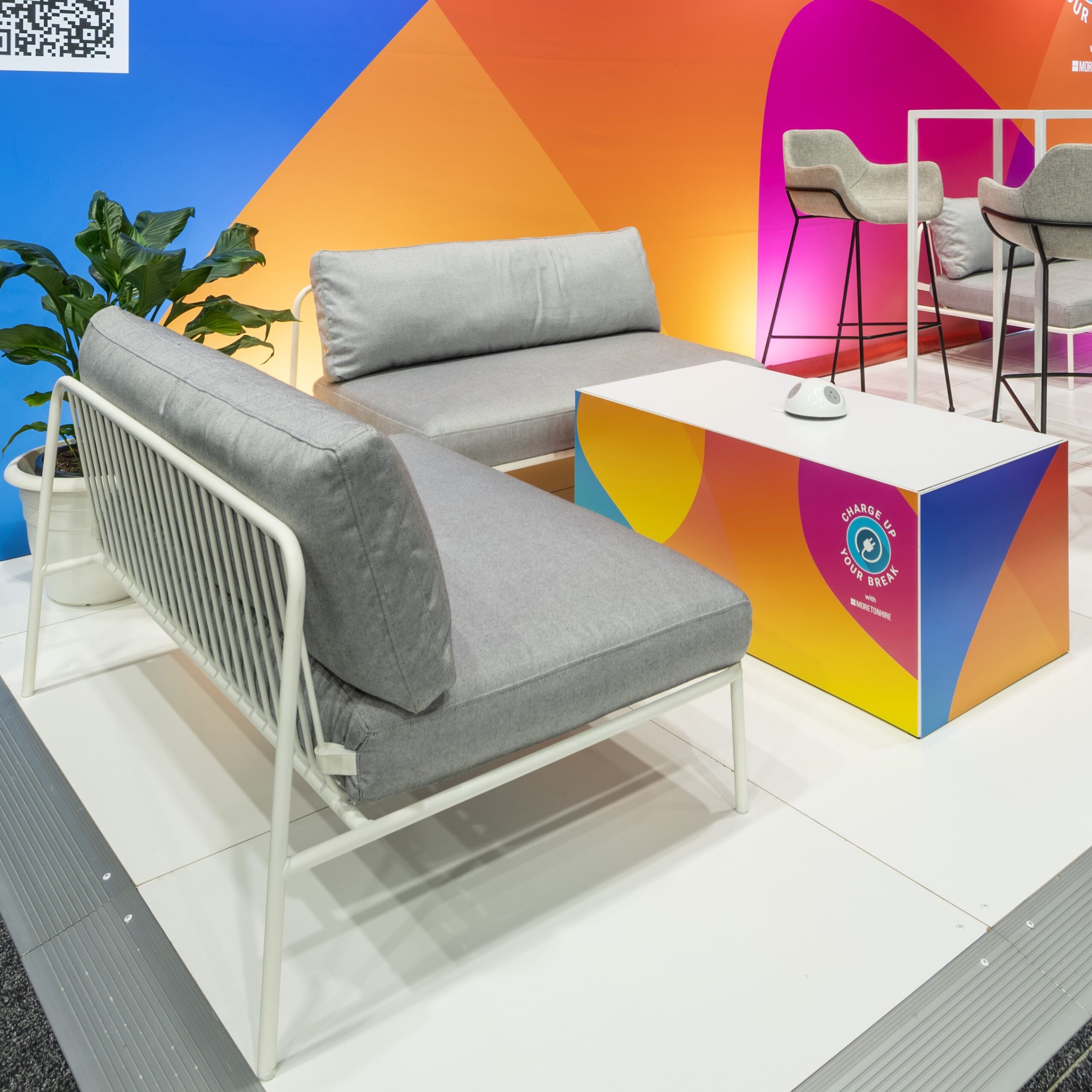 White Grey Nolita lounge for Hire Moreton Hire TIGC 24 This Is Gold Coast Exhibition Stand